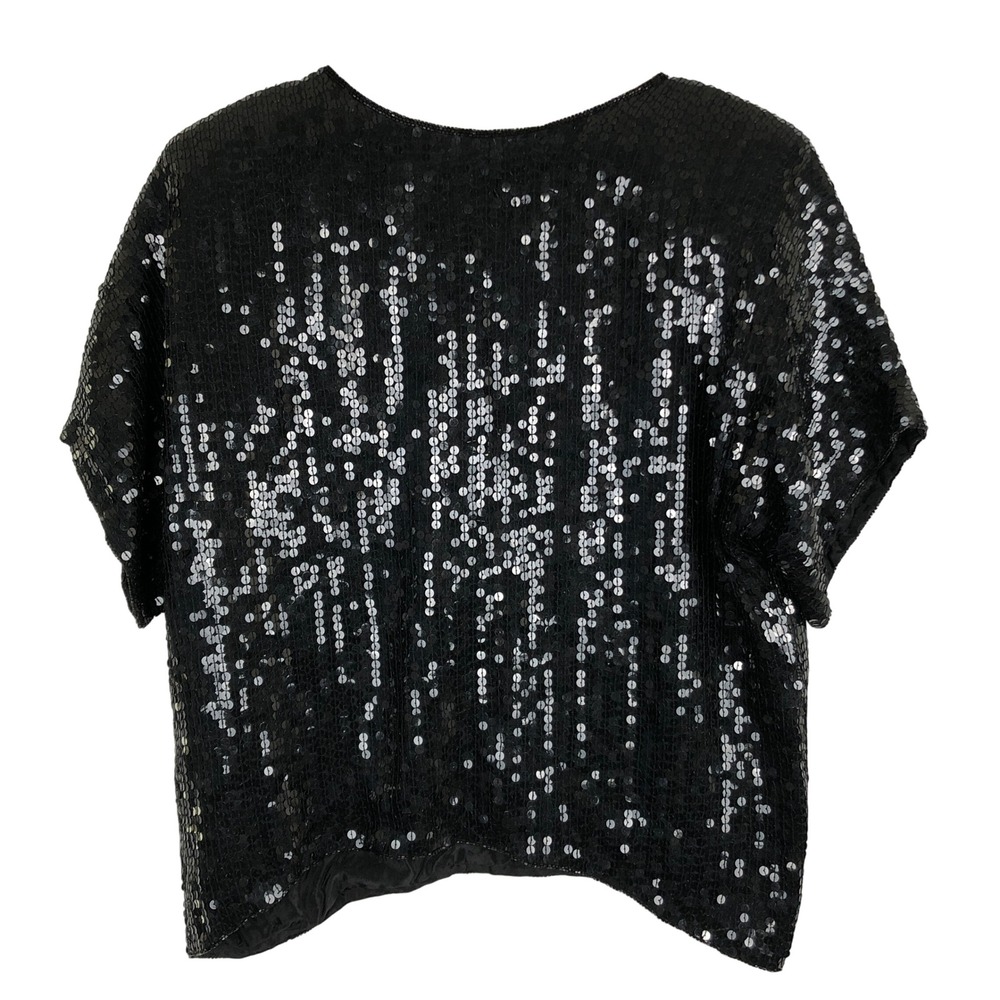 VTG HONEYBEE Pure Silk Sequin Top Sz M Black Beaded Neckline S/S Lined Boxy